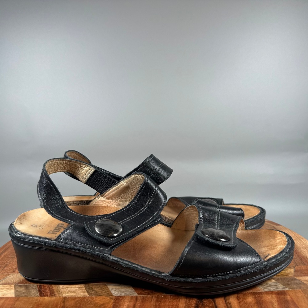 Finn Comfort Sansibar Black Leather Wedge Slingback Sandals Womens 9.5